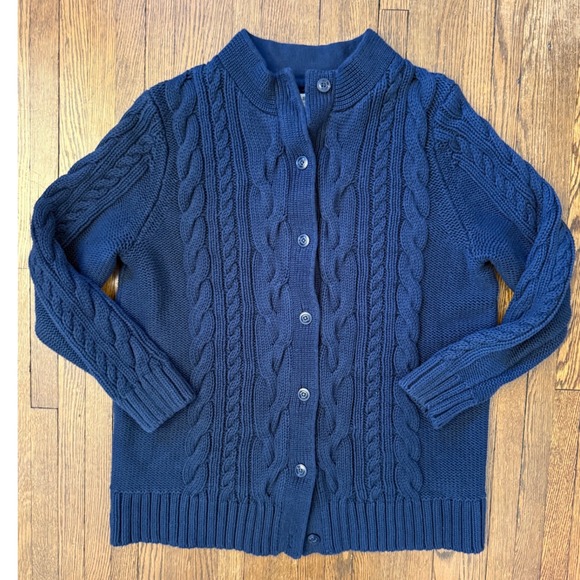 L.L. Bean Sweaters - LL Bean Womens XL Petite Navy Blue Cable Knit 100% Cotton Button Front Cardigan